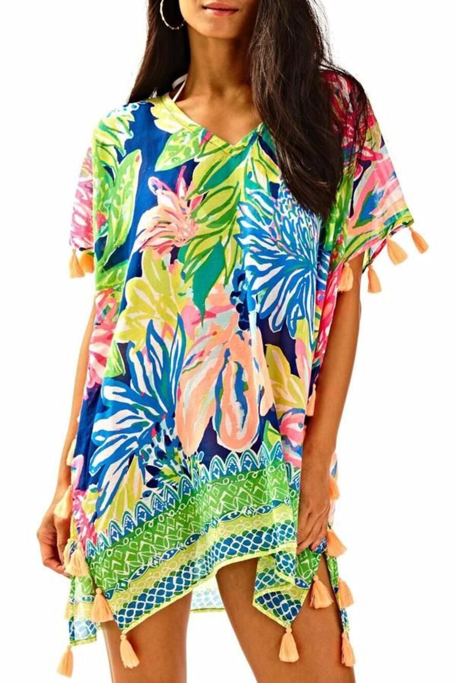 Lilly Pulitzer Castilla V-Neck Cover Up Tunic Dress MulticolorGreen Pink L / XL